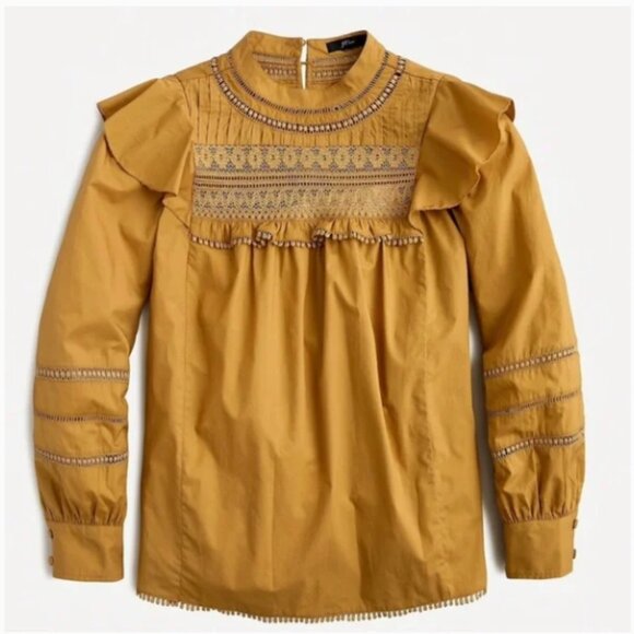 J. Crew Tops - JCREW Crocheted Lace Ruffle embroidery eyelet trim balloon sleeve Top size XS